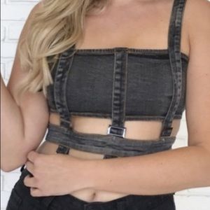 Honey Punch Denim Crop Top Buckle Acid Wash Grey